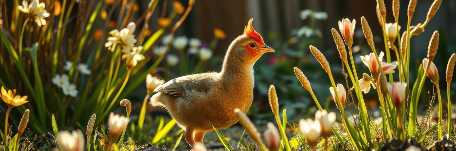 Small bird walking through colorful flowers in a vibrant garden during warm daylight hours